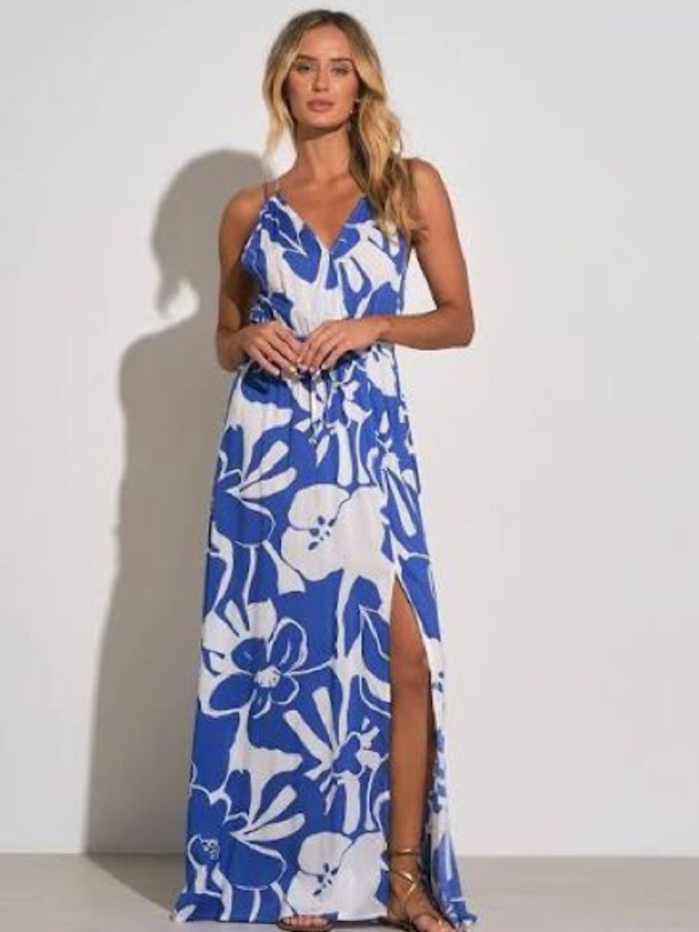 Elan Blue and White Floral Hibiscus Print Maxi Dress with Side Slit